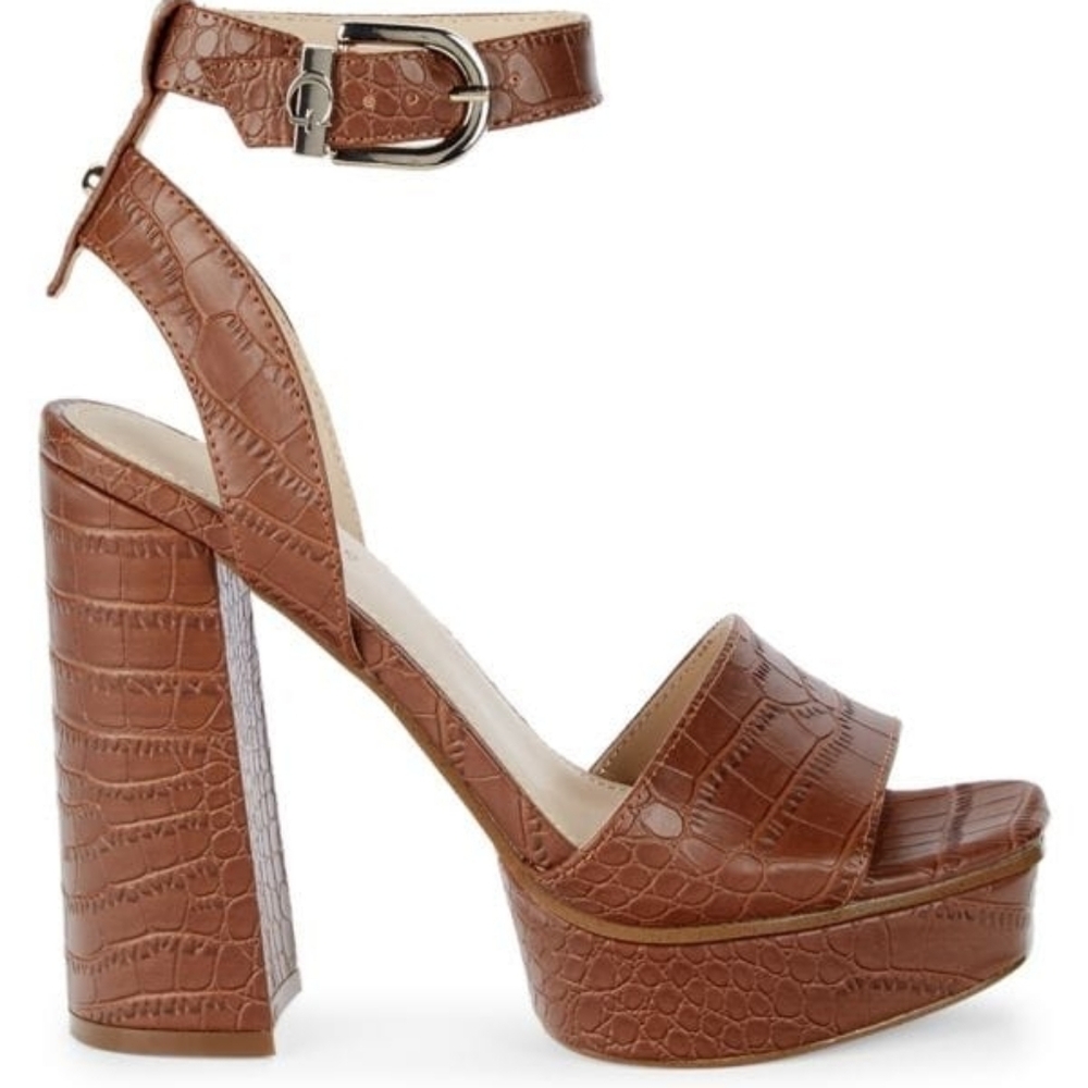 Guess Brown Croc-Embossed Heeled Sandals
